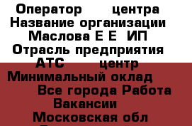 Оператор Call-центра › Название организации ­ Маслова Е Е, ИП › Отрасль предприятия ­ АТС, call-центр › Минимальный оклад ­ 20 000 - Все города Работа » Вакансии   . Московская обл.,Дзержинский г.